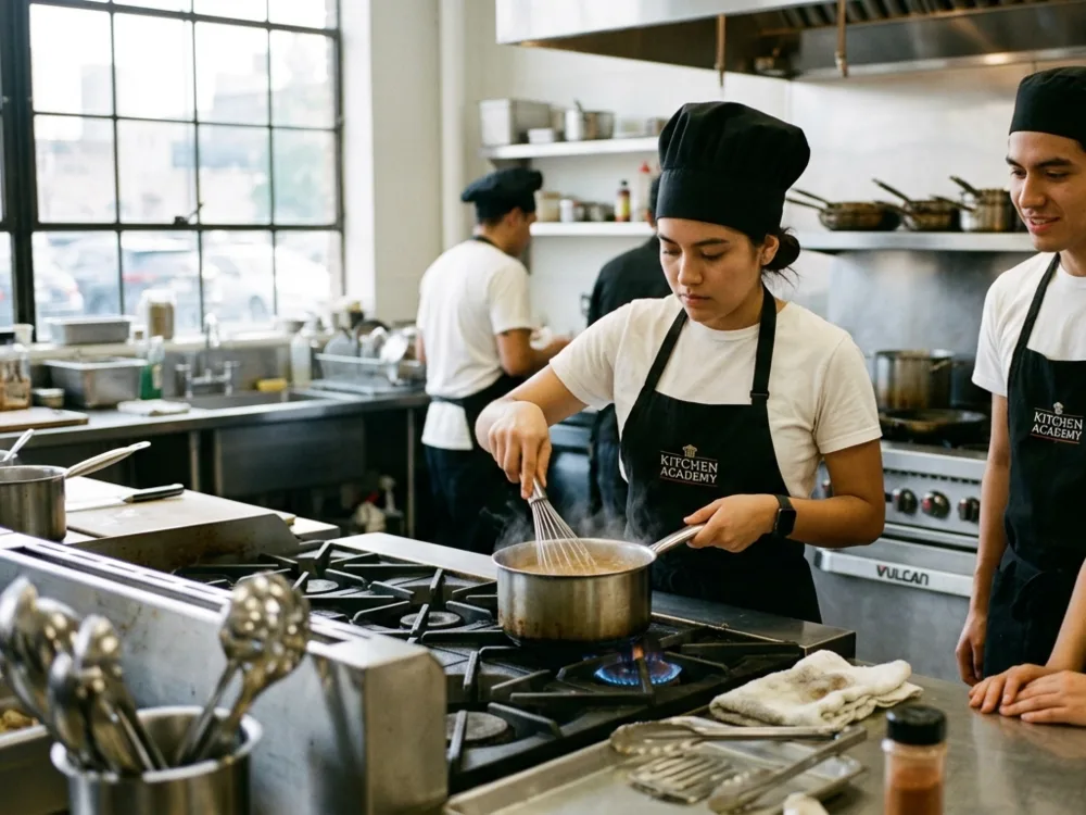 Estudiantes practicando en una cocina profesional durante su formación