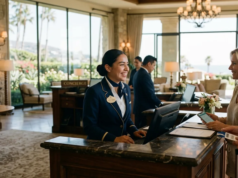 Profesional de hospitalidad atendiendo a huéspedes en la recepción de un hotel
